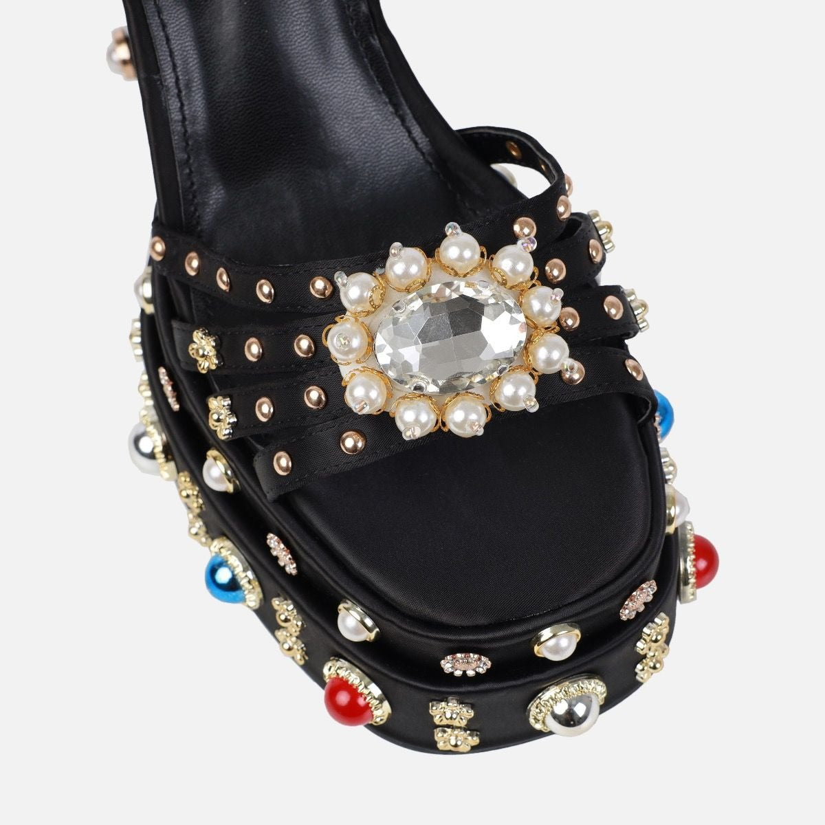 Hollow Button Faux Diamond Sandals. Thick High Heel.