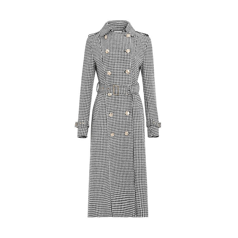 Winter Wool Long Coat Women Retro Houndstooth A-Line Trench Coats