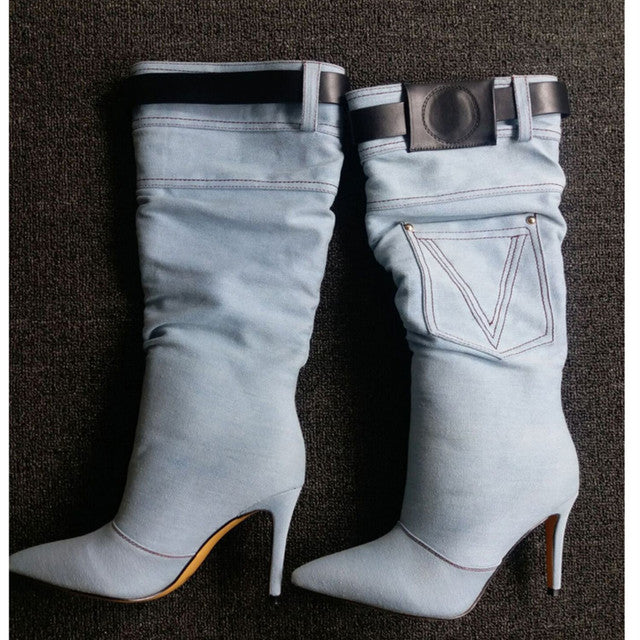 The Baddie Boot. Western Cowboy Boots “LETTER V” Boots. BlueVintage High Heel Knight Boots.