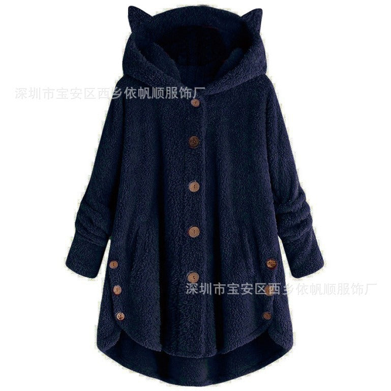 Autumn And Winter Button Hooded Cat Ear Plush Coat Irregular Fashion Brand Solid Color Coat Women