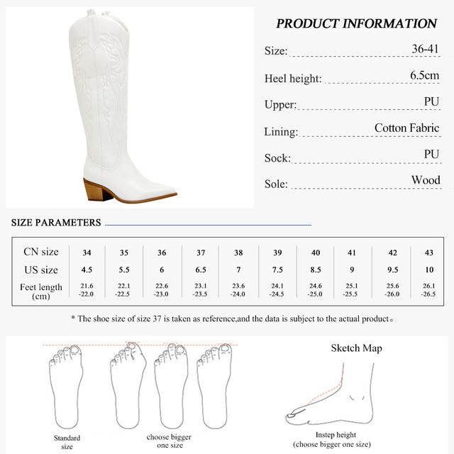 Women 's Embroidered Western CowBoy Shoes Knee High Boots PU Chunky Heel Platform Boots Pointed Toe Punk Style