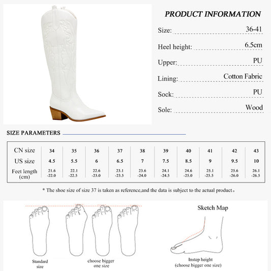 Women 's Embroidered Western CowBoy Shoes Knee High Boots PU Chunky Heel Platform Boots Pointed Toe Punk Style