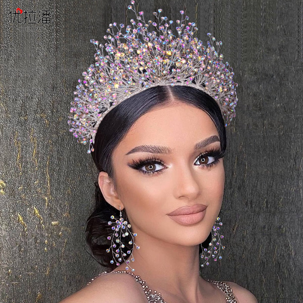 Bridal Headdress New Crown Set Ab Colored Diamond Necklace Earrings Three-Piece Set