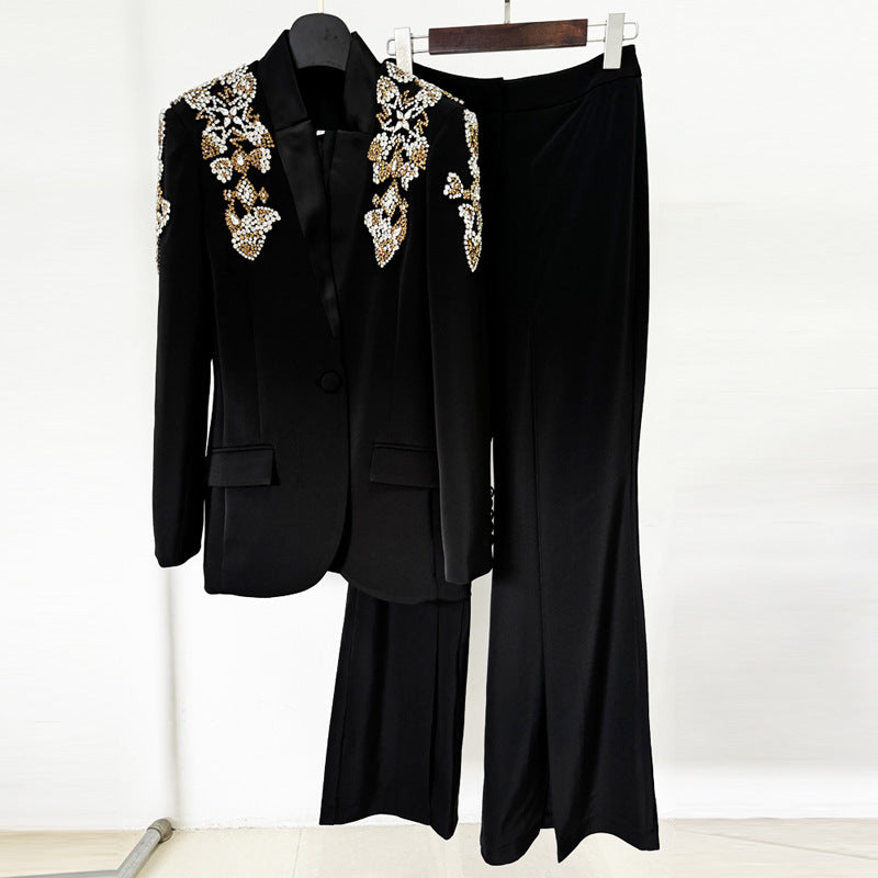 2025 Diamond studded nail bead stand collar suit jacket with split pants set