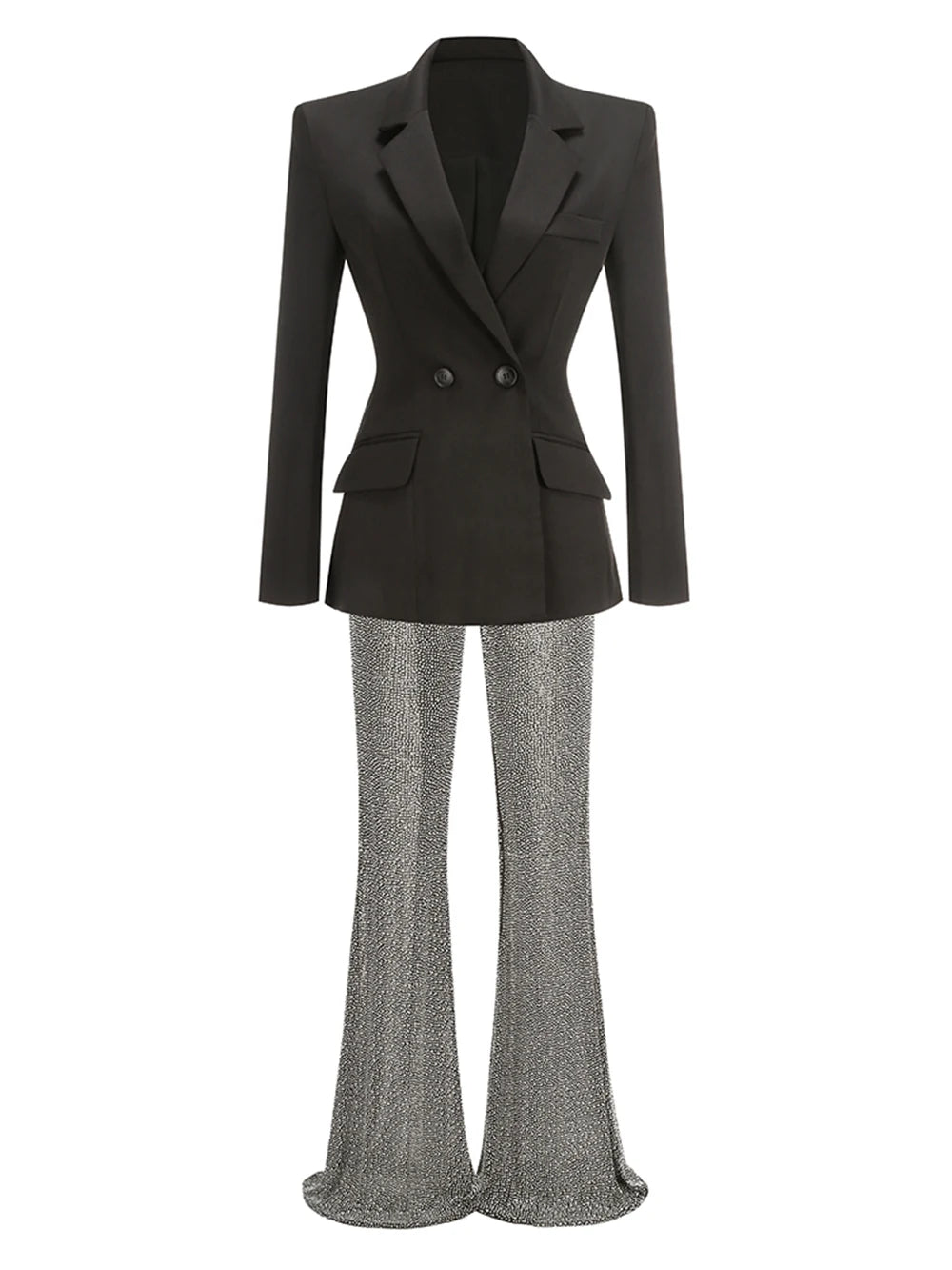 Black deep V-neck suit top+high waisted slim fit diamond pants