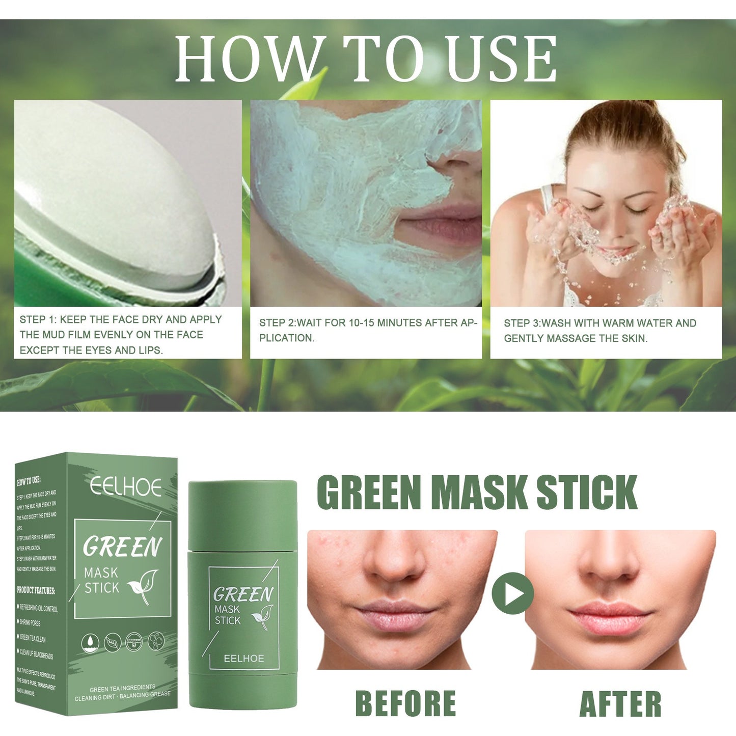 EELHOE Green Tea Solid Mask Deep Cleansing And Hydrating Mask Stick Shrinkage Of Pores Applicator Clay Mask