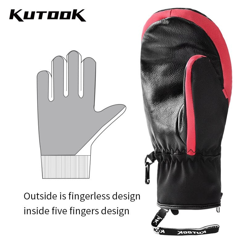 KUTOOK Winter Ski Mittens Windproof Snowboard Mittens Thermal Fleece Lining Skiing Gloves Waterproof Goatskin Palm Outdoor Sport