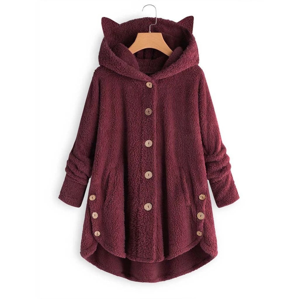 Autumn And Winter Button Hooded Cat Ear Plush Coat Irregular Fashion Brand Solid Color Coat Women