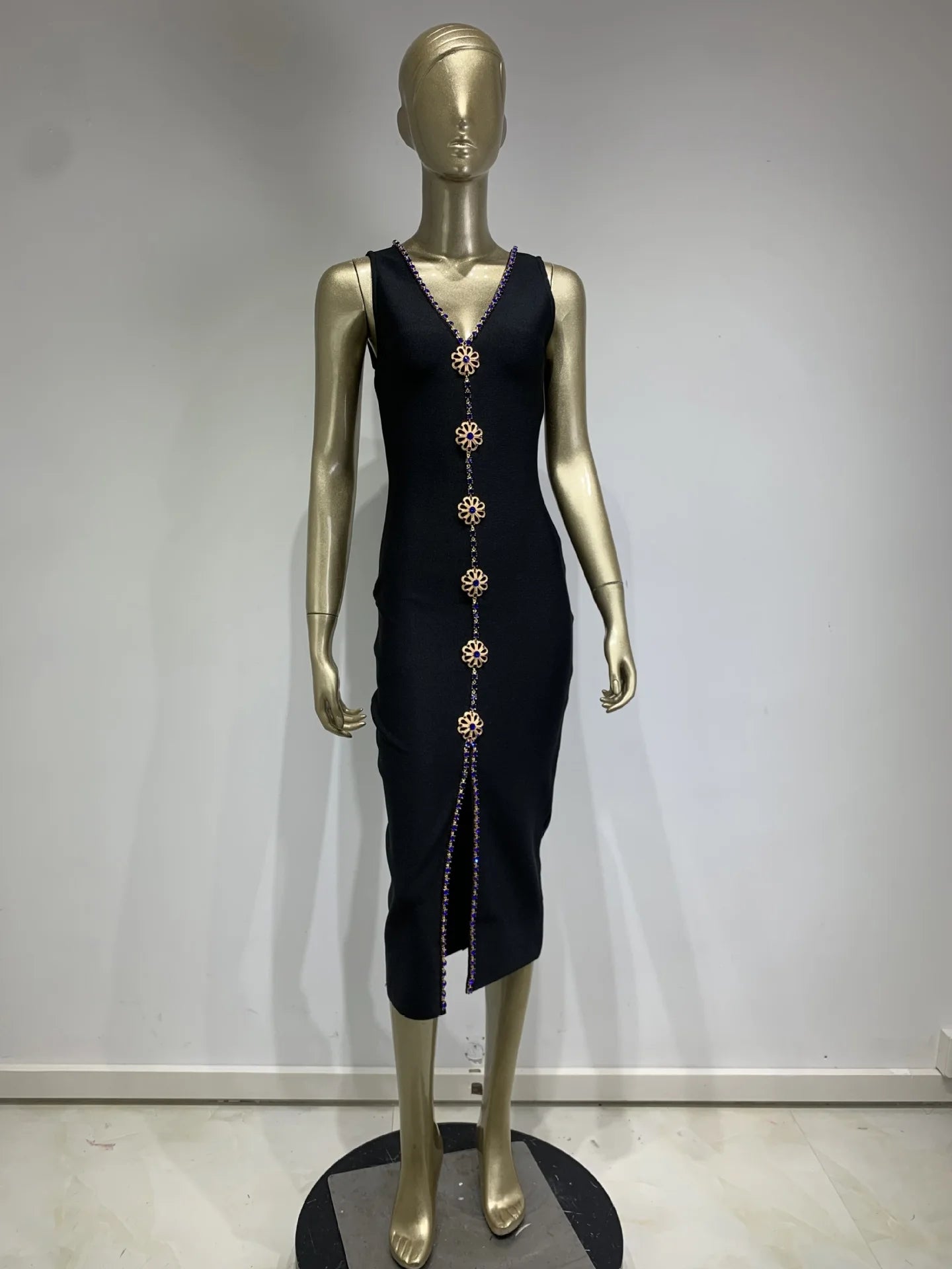 Black strap blue diamond inlaid mid size dress