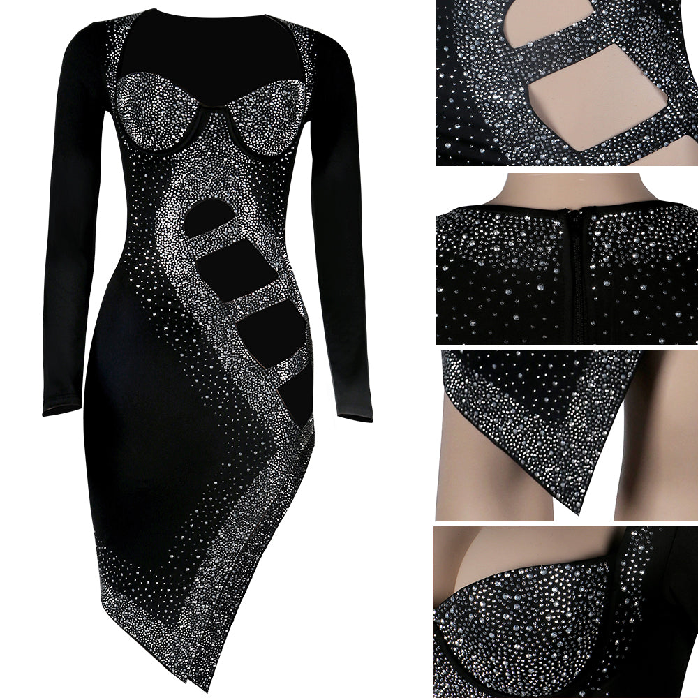 Diamond Studded Long Sleeved Dress Nightclub Clothes Sexy And Beautiful Reflecting The Figure Evening Dress