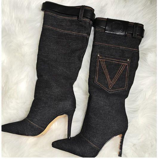 The Baddie Boot. Western Cowboy Boots “LETTER V” Boots. BlueVintage High Heel Knight Boots.